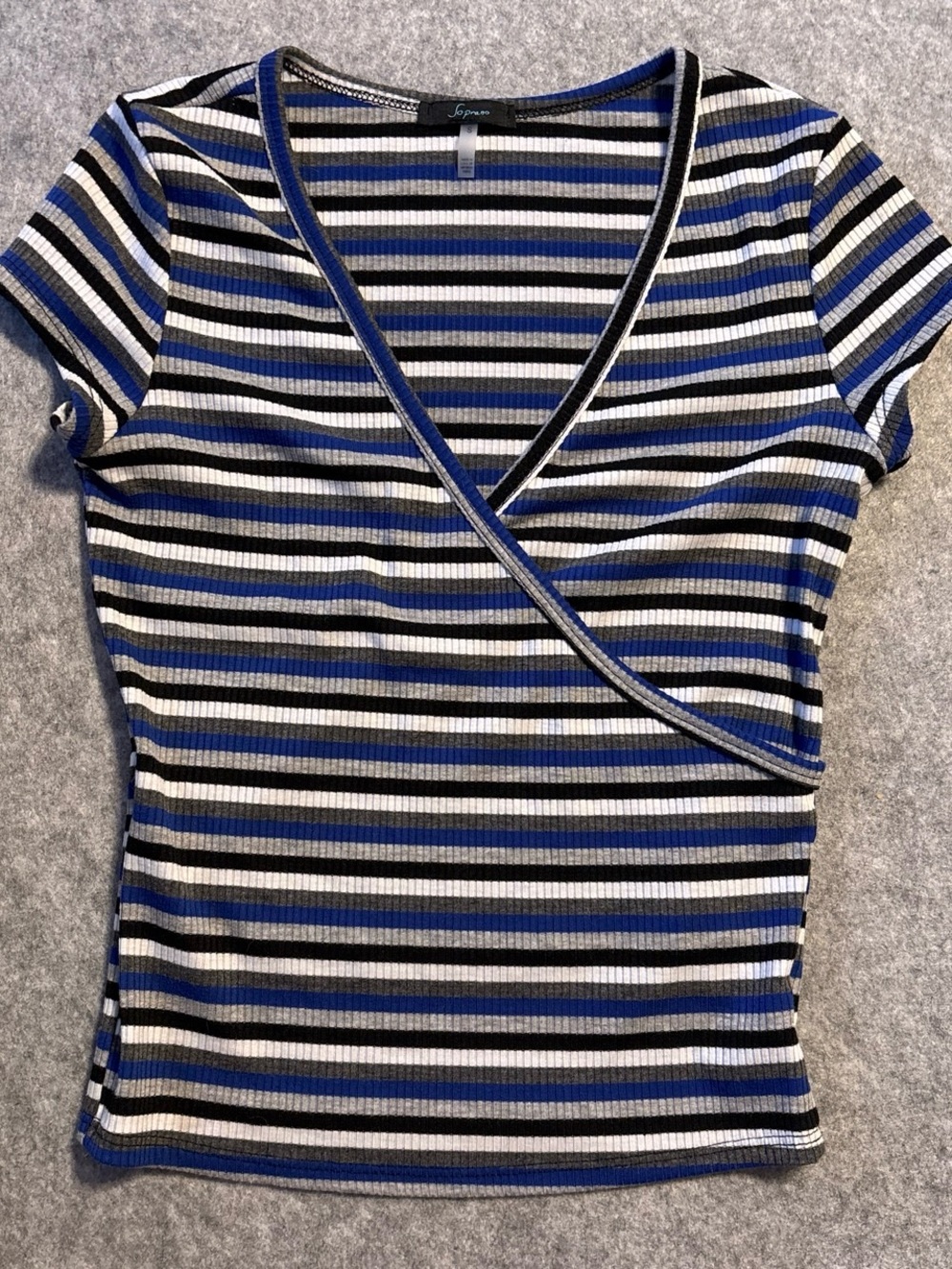 Soprano Blue, Black & White Striped Wrap-Style Short Sleeve Top